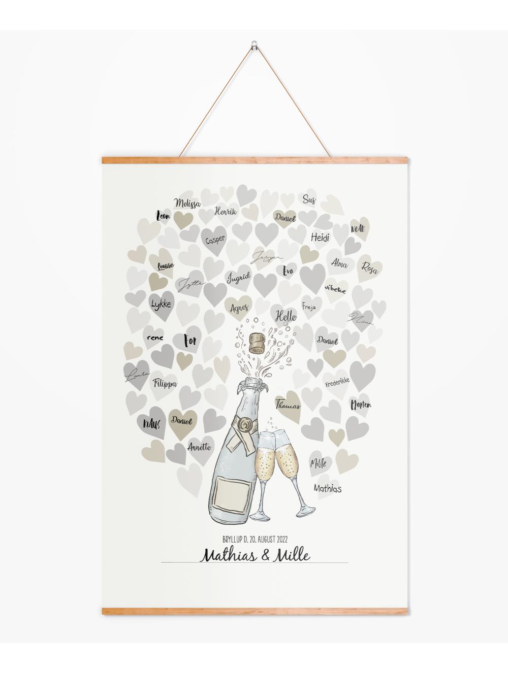 Gæsteplakat med hjerter og champagne